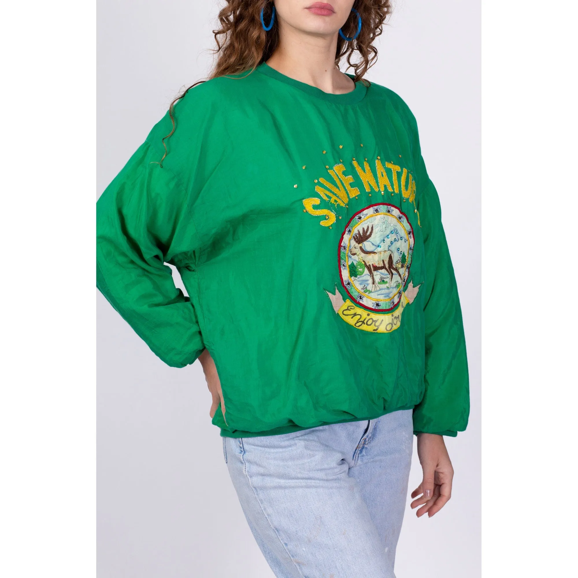 80s Green "Save Nature" Puffy Sweatshirt - One Size