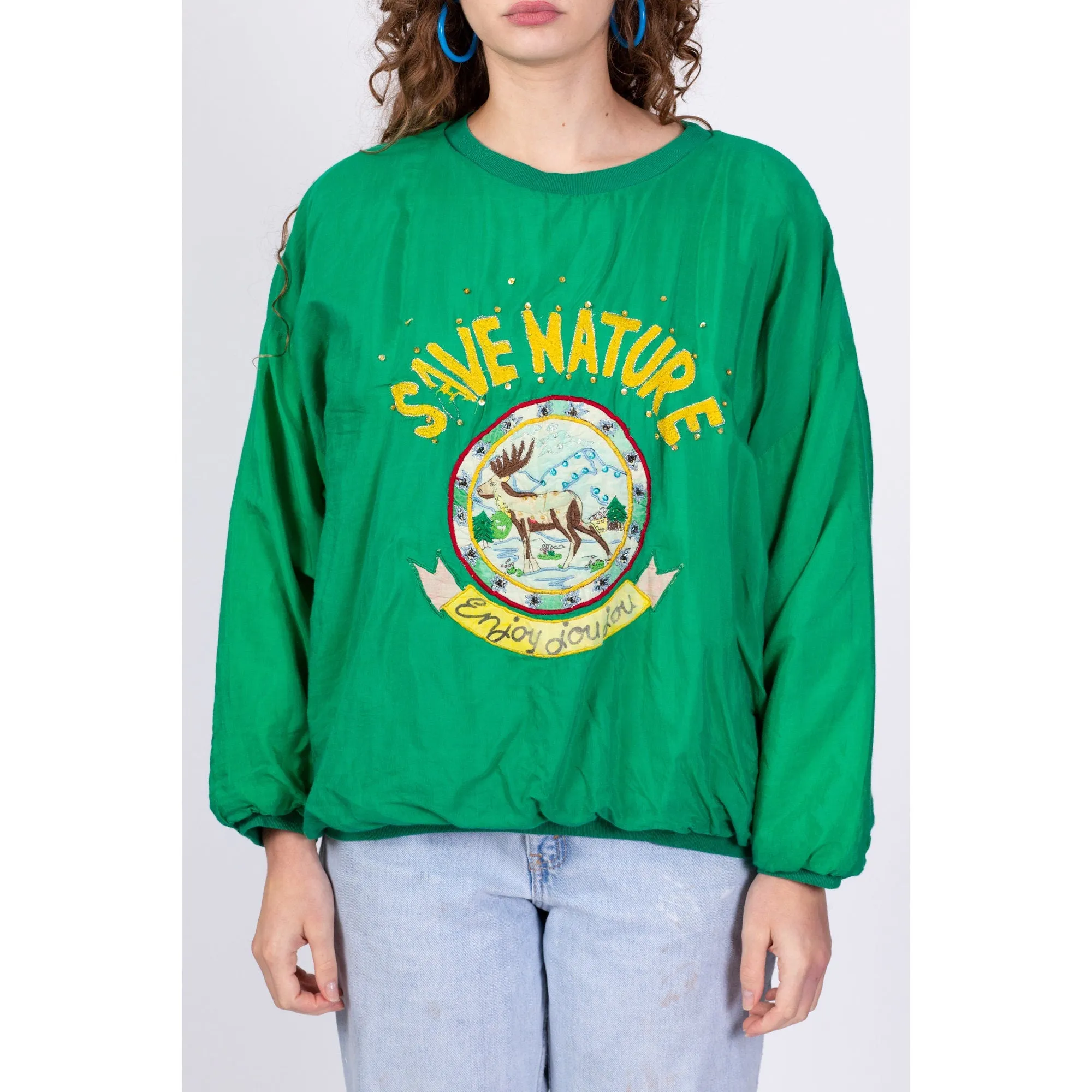 80s Green "Save Nature" Puffy Sweatshirt - One Size