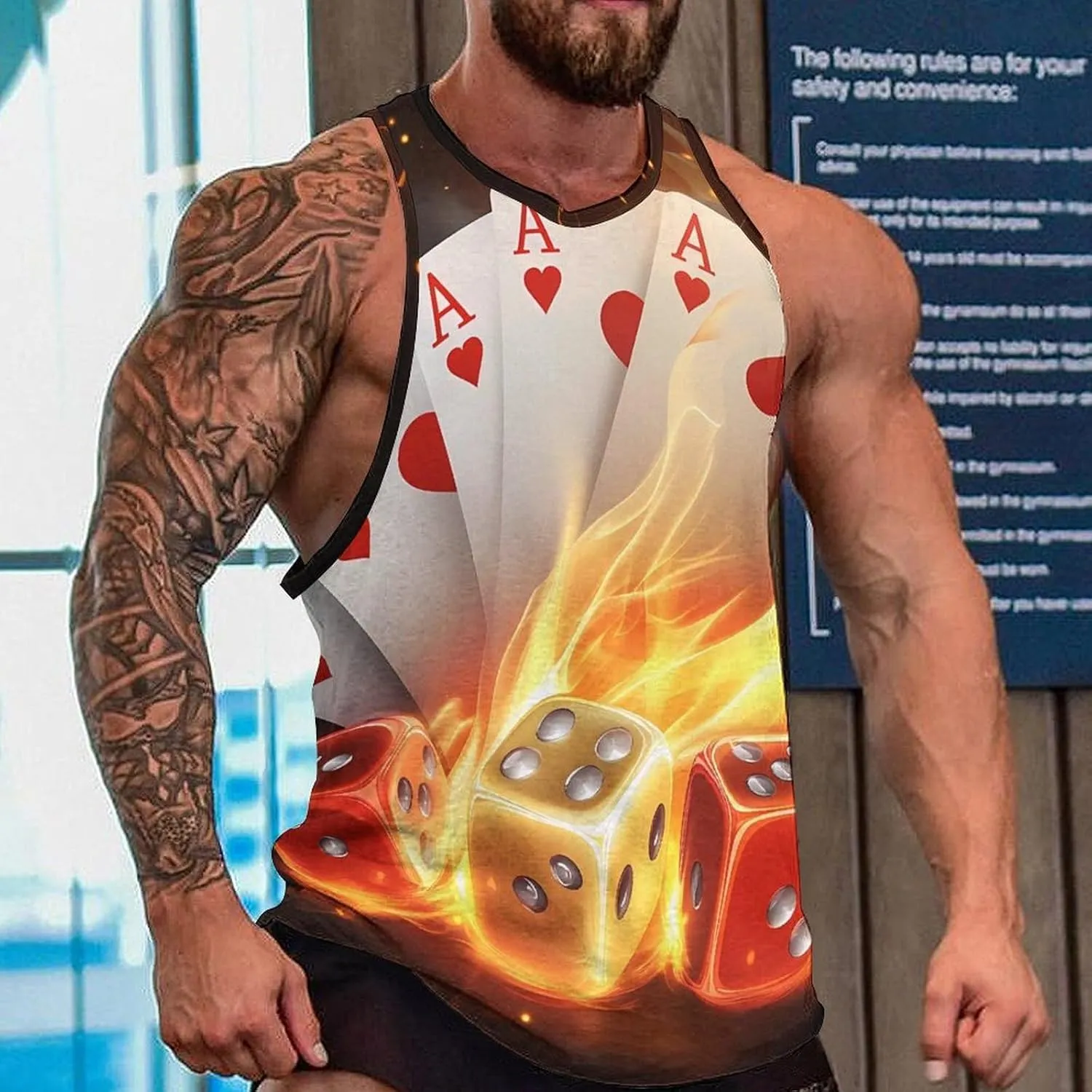 Aces-Spades Dice Fire Flaming Men's Activewear Tank Tops Gym Sleeveless Muscle T Shirts Workout Tees Vest