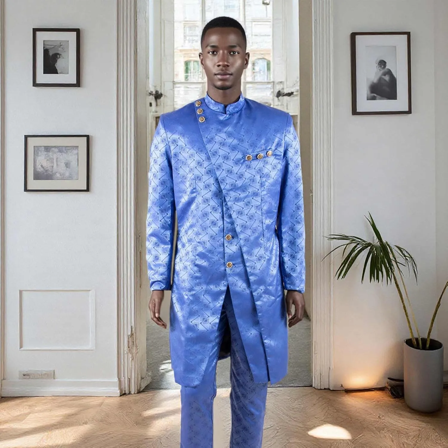 African Clothes for Men Dashiki Slim Fit Jacket and Trousers Set Formal Attire for Wedding