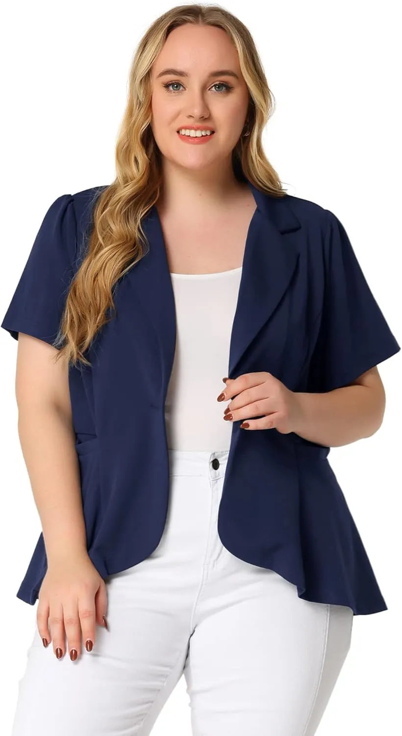 Agnes Orinda Plus Size Blazer for Women Short Sleeve Office Work Button Jacket Business Suit Blazers