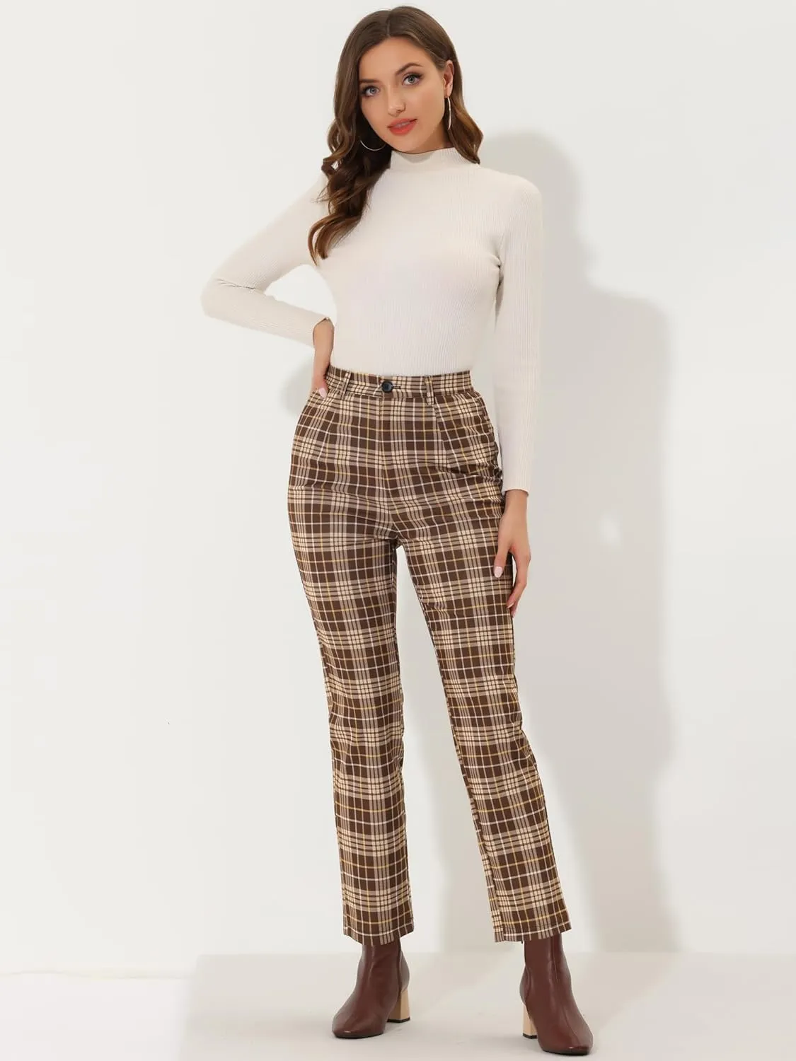 Allegra K Plaid Cropped Trousers for Women's Button Casual Tartan Check Work Pants