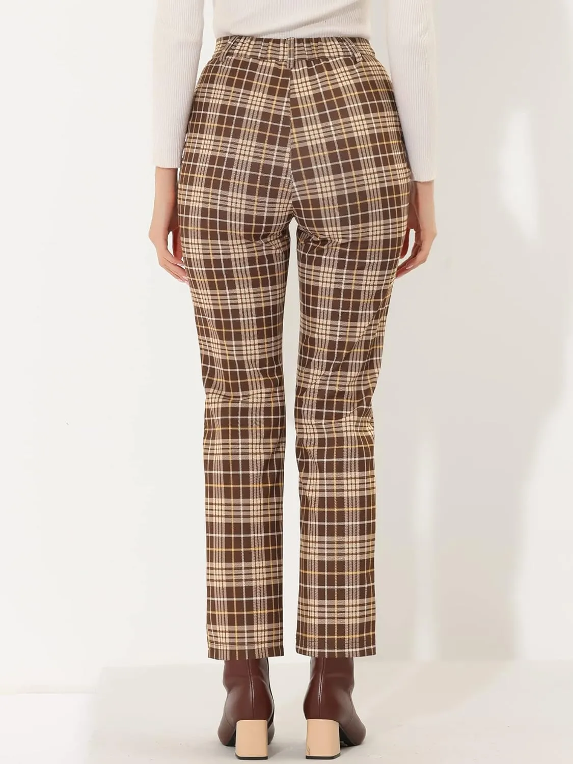 Allegra K Plaid Cropped Trousers for Women's Button Casual Tartan Check Work Pants