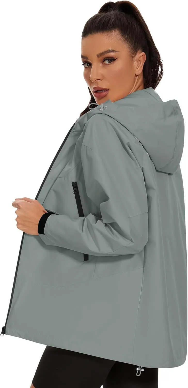 Avoogue Rain Jacket for Women Loose Fit Waterproof Lightweight Lined Rain Coat Hiking Windbreaker Jacket with Hood