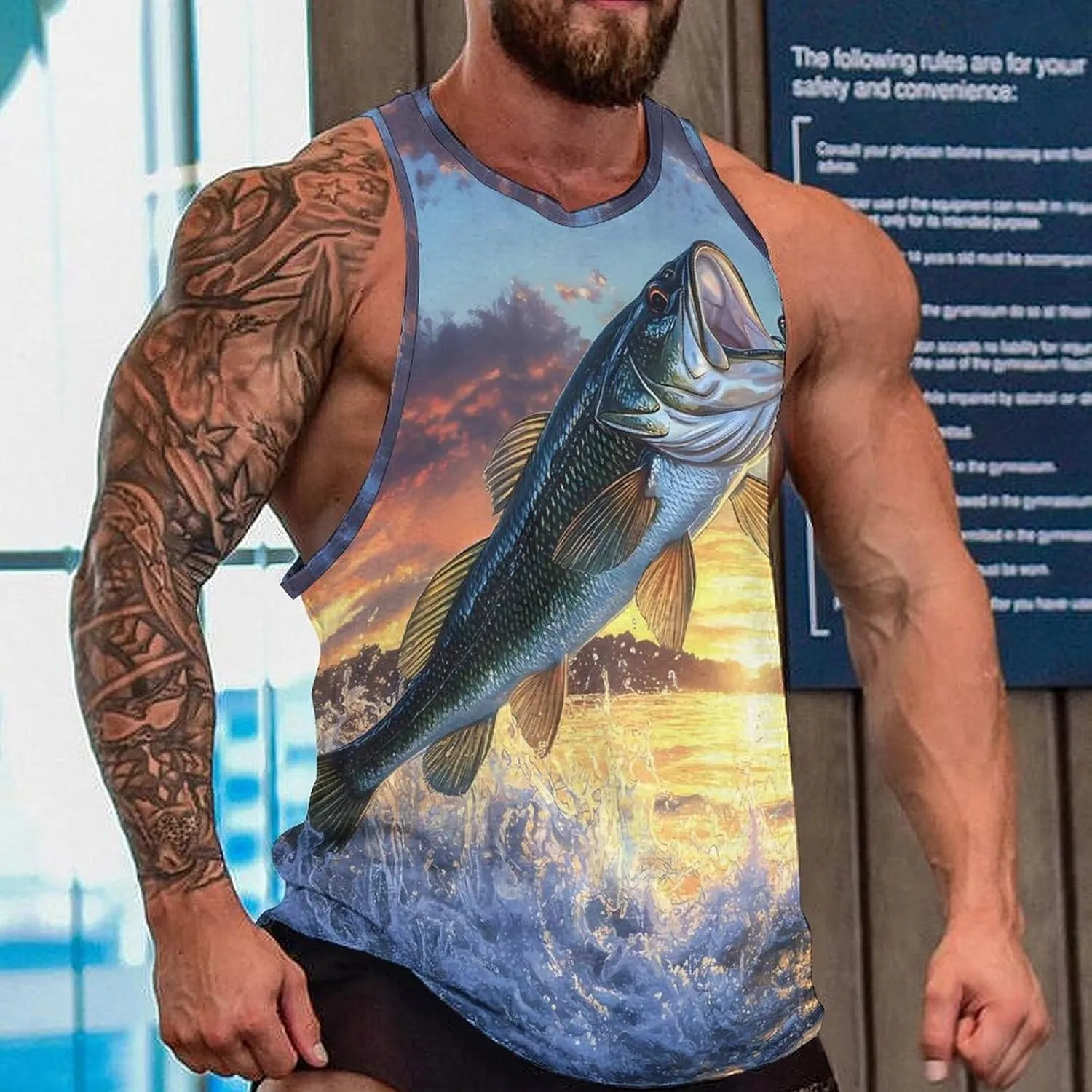 Bass Fish Sunset Men's Activewear Tank Tops Gym Sleeveless Muscle T Shirts Workout Tees Vest
