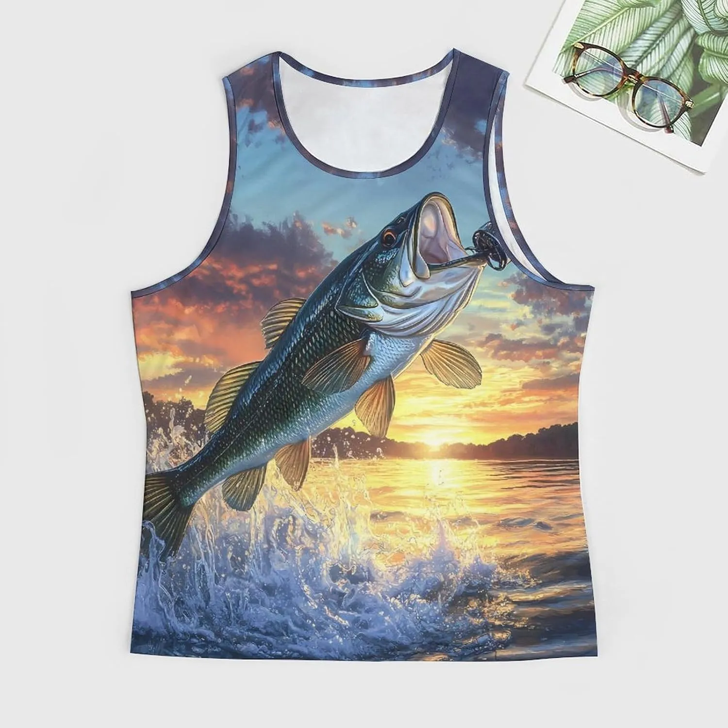 Bass Fish Sunset Men's Activewear Tank Tops Gym Sleeveless Muscle T Shirts Workout Tees Vest