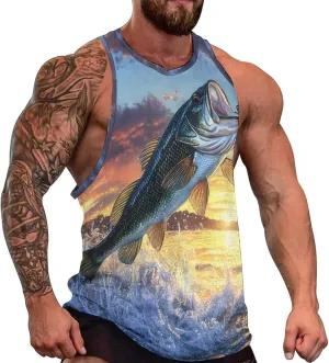 Bass Fish Sunset Men's Activewear Tank Tops Gym Sleeveless Muscle T Shirts Workout Tees Vest