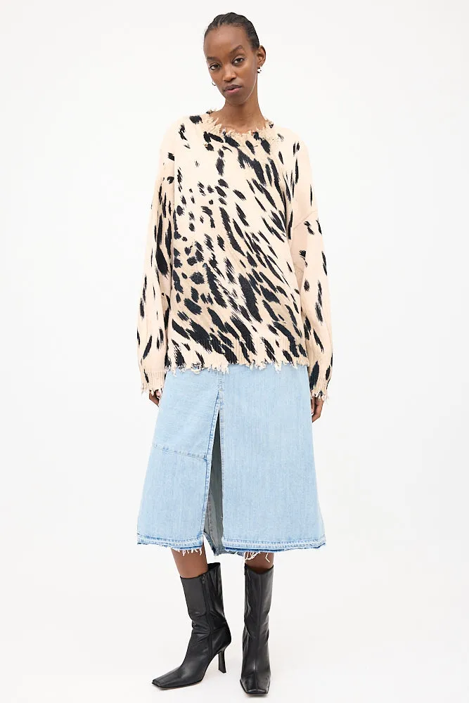 Beige & Black Distressed Printed Sweater