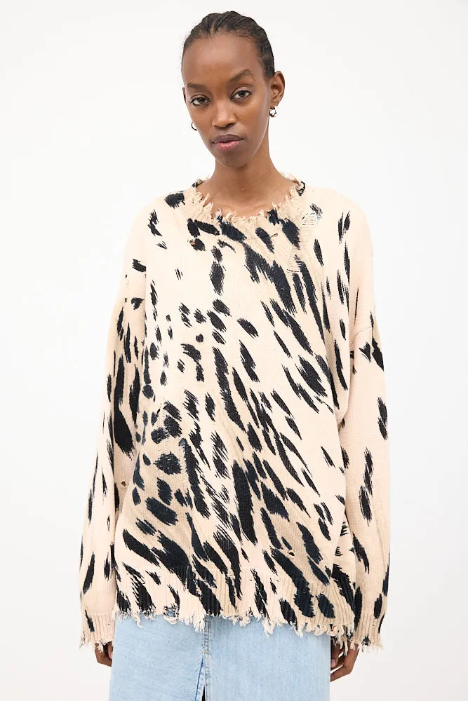 Beige & Black Distressed Printed Sweater