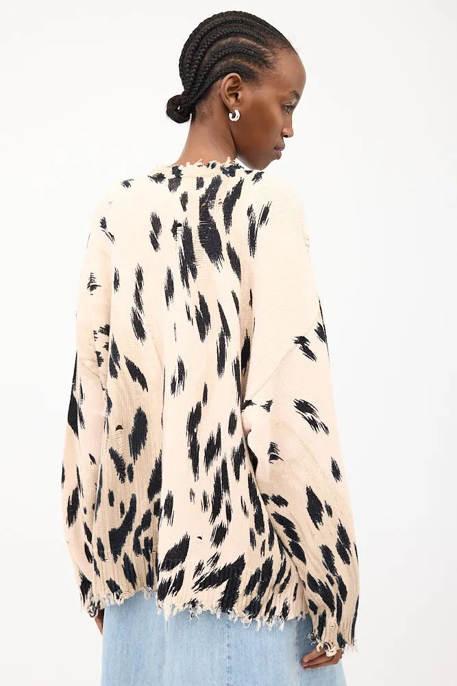 Beige & Black Distressed Printed Sweater