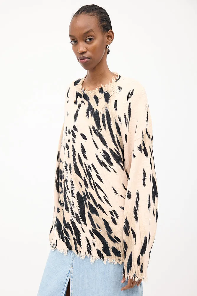Beige & Black Distressed Printed Sweater