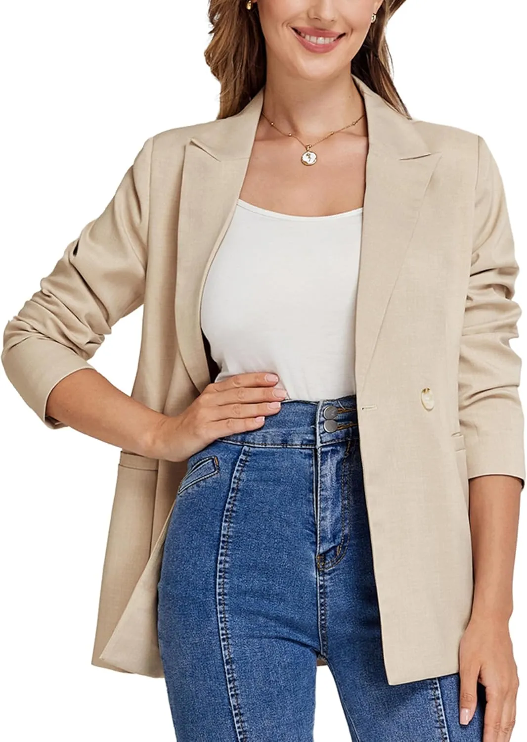 Belle Poque Women Business Casual Blazer Long Sleeve Lapel Button Work Blazer with Pockets