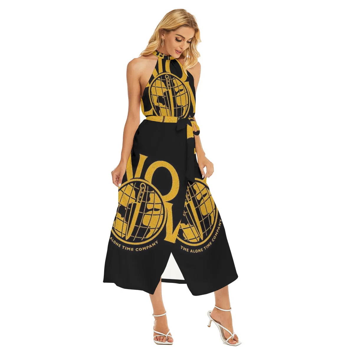 Black & Gold Wrap Hem Belted Dress - Breathable Cotton Lining for Comfort & Style