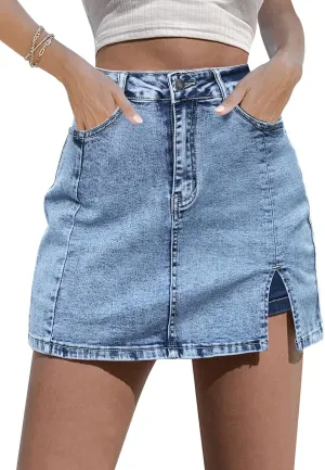 BloomySkorts Jean Skorts, 2025 Womens Mini Denim Skirt, High Waisted Stretch Casual Jean Skirt, Side Slit Wrap Short Skirt