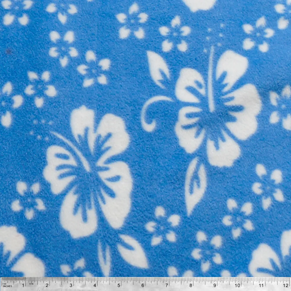 Blue and White Hibiscus Anti-pill Fleece Fabric