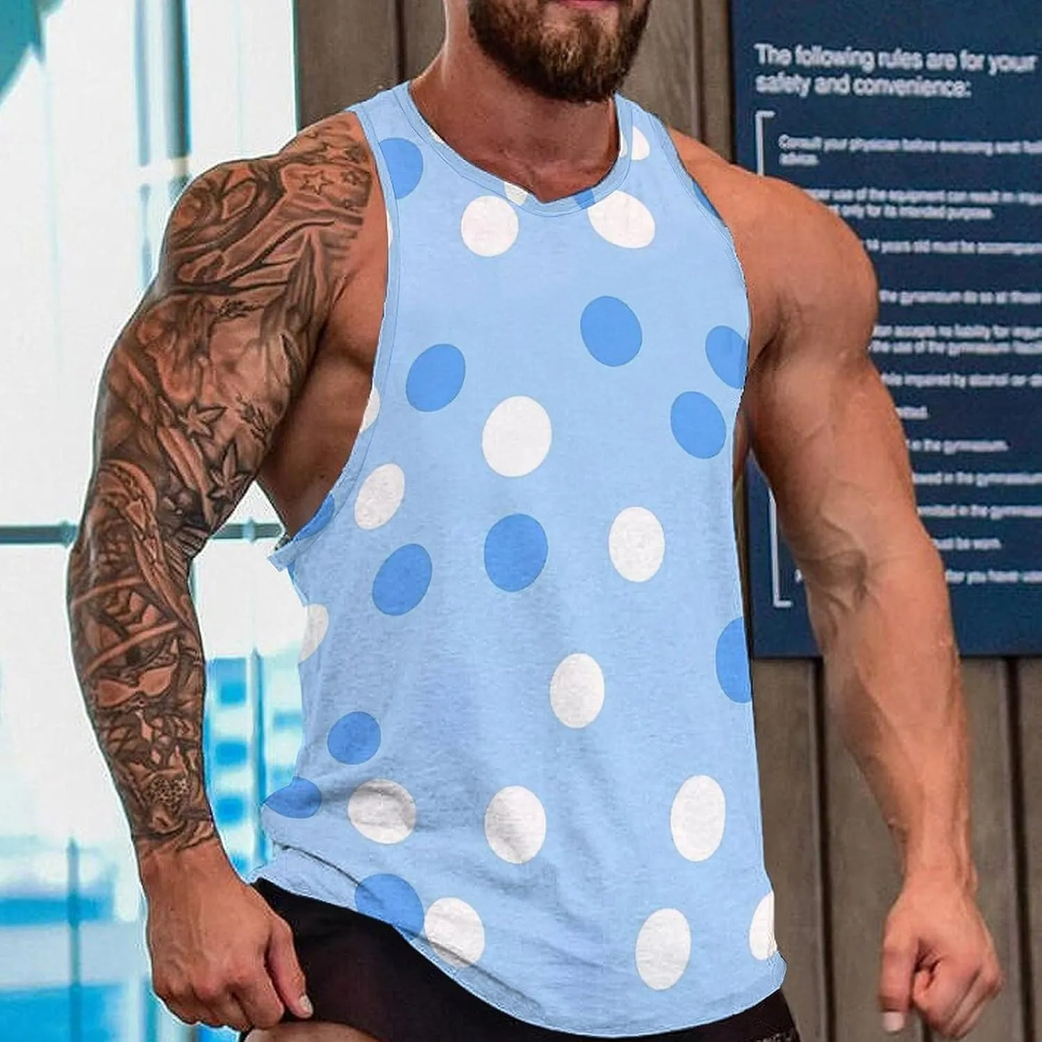 Blue Polka Dots Men's Activewear Tank Tops Gym Sleeveless Muscle T Shirts Workout Tees Vest