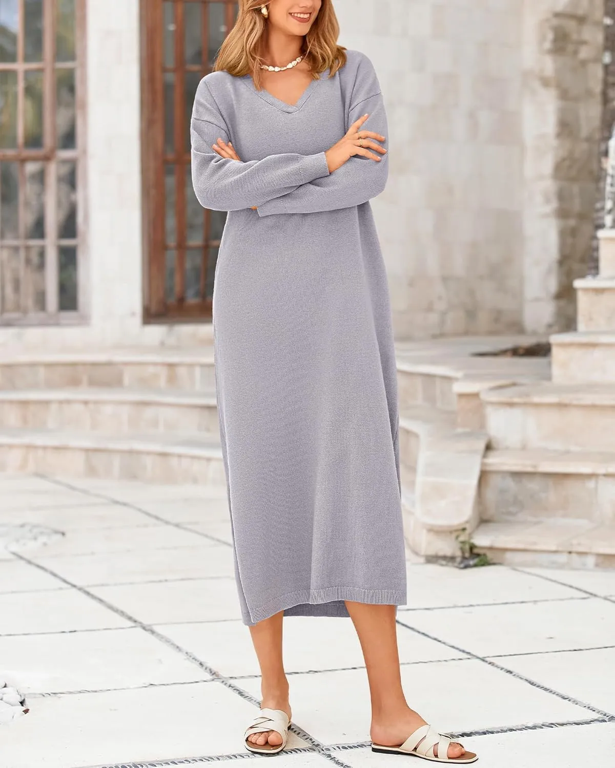 BTFBM Women Fall Sweater Dress Casual V Neck Long Sleeve Slit Knit Oversized Maternity Sweaters Maxi Dresses 2025 Winter