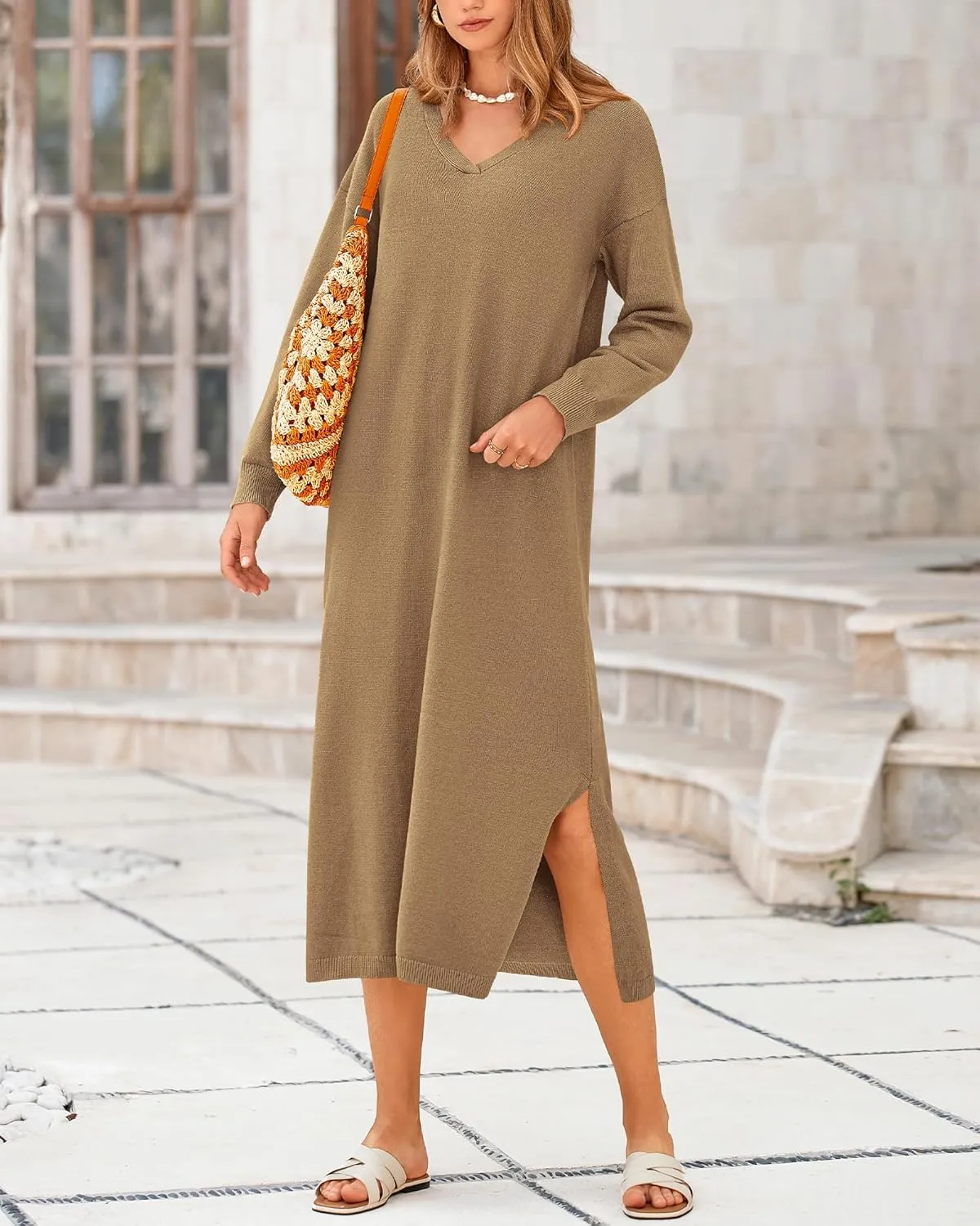 BTFBM Women Fall Sweater Dress Casual V Neck Long Sleeve Slit Knit Oversized Maternity Sweaters Maxi Dresses 2025 Winter