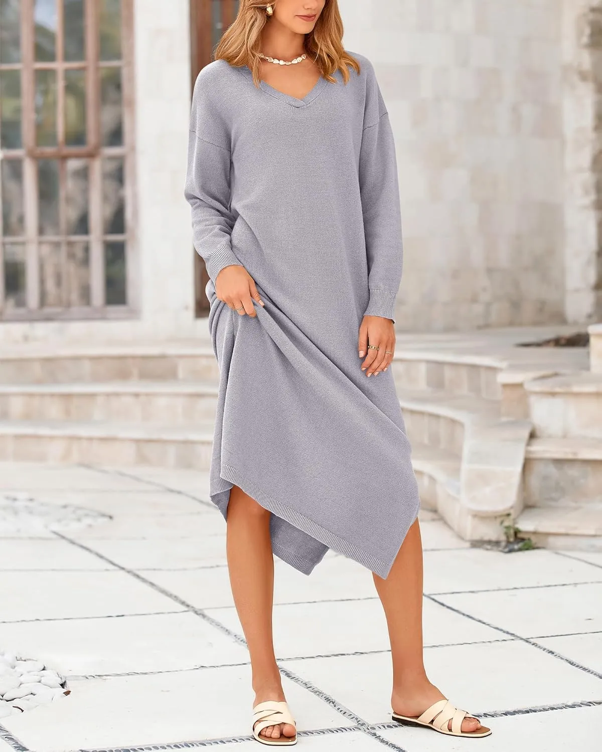 BTFBM Women Fall Sweater Dress Casual V Neck Long Sleeve Slit Knit Oversized Maternity Sweaters Maxi Dresses 2025 Winter