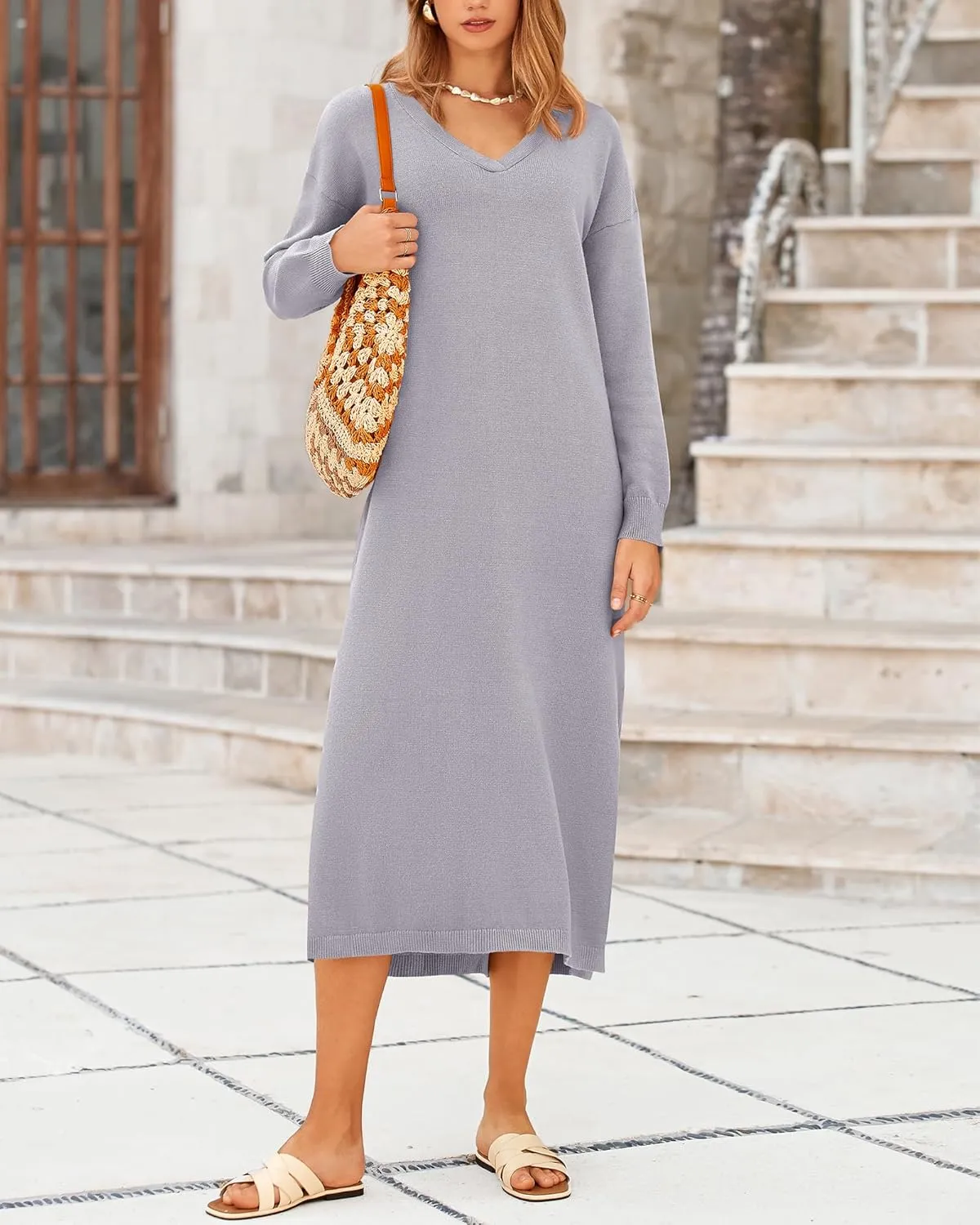 BTFBM Women Fall Sweater Dress Casual V Neck Long Sleeve Slit Knit Oversized Maternity Sweaters Maxi Dresses 2025 Winter