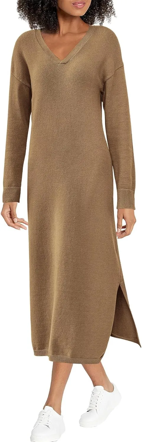 BTFBM Women Fall Sweater Dress Casual V Neck Long Sleeve Slit Knit Oversized Maternity Sweaters Maxi Dresses 2025 Winter