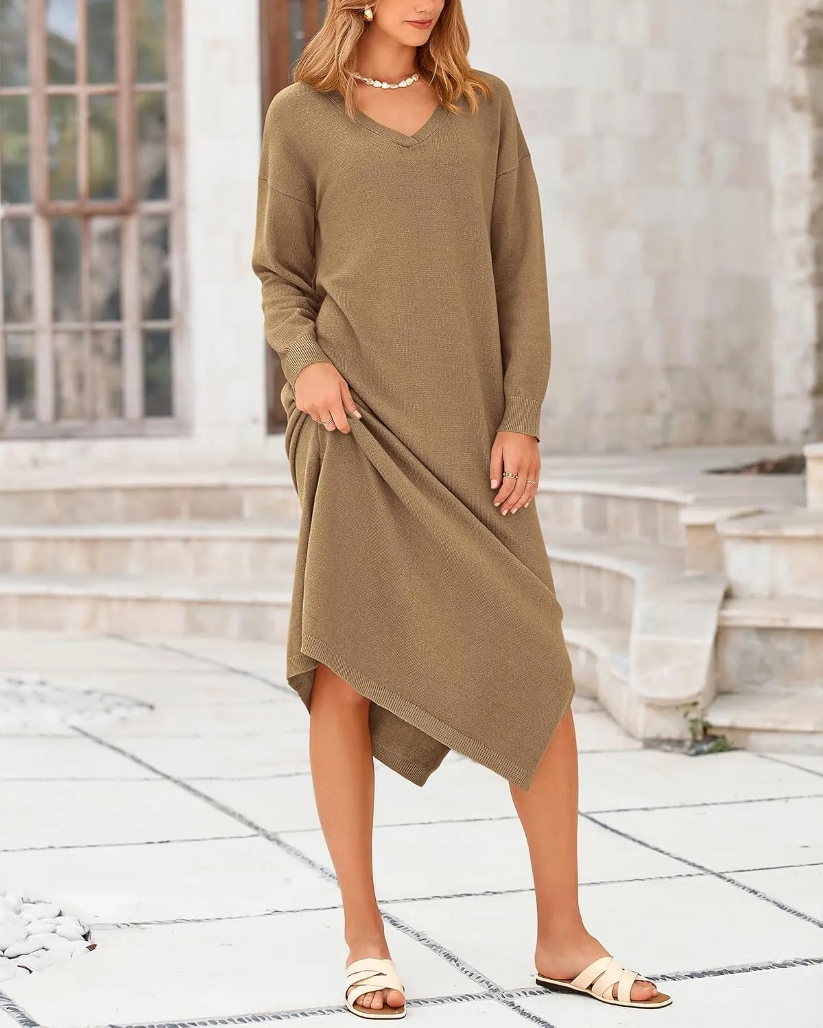 BTFBM Women Fall Sweater Dress Casual V Neck Long Sleeve Slit Knit Oversized Maternity Sweaters Maxi Dresses 2025 Winter