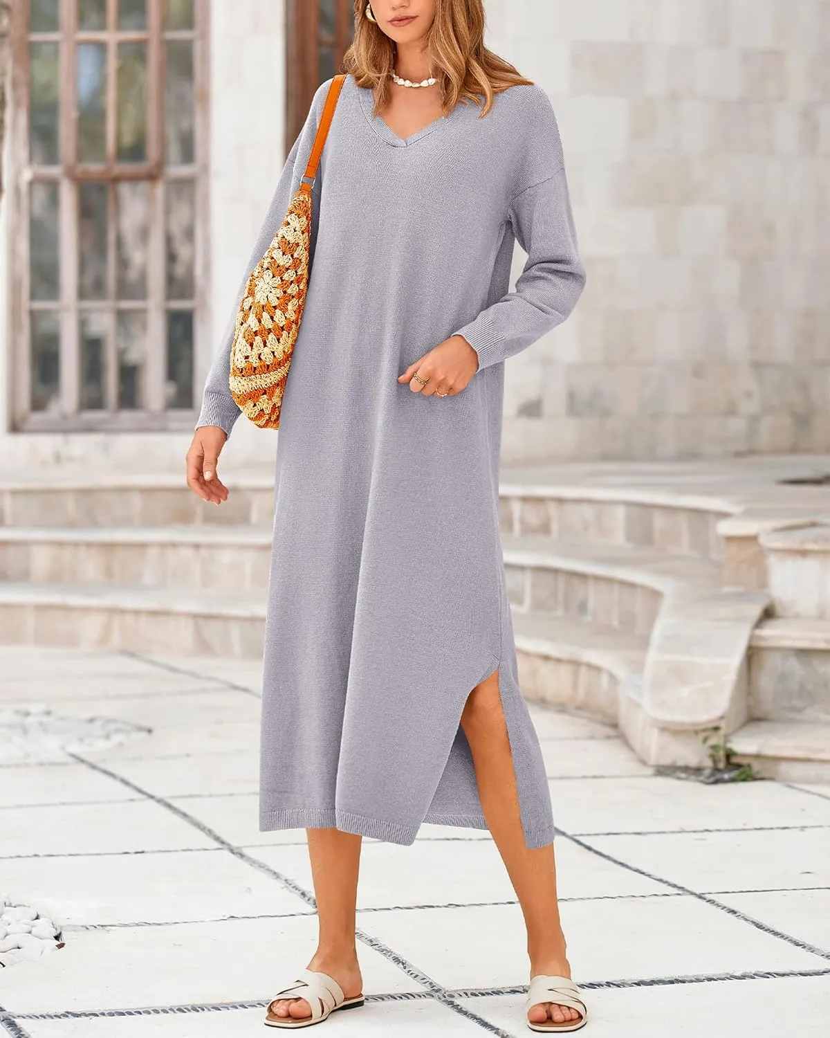 BTFBM Women Fall Sweater Dress Casual V Neck Long Sleeve Slit Knit Oversized Maternity Sweaters Maxi Dresses 2025 Winter