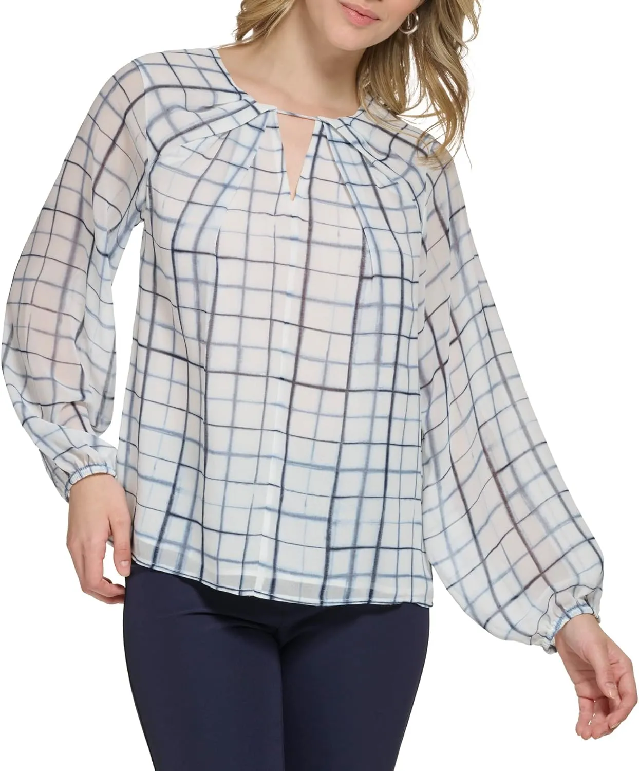Calvin Klein Women's Essential Shirred Front Longsleeve Printed Blouse
