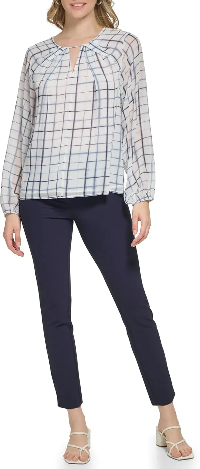 Calvin Klein Women's Essential Shirred Front Longsleeve Printed Blouse