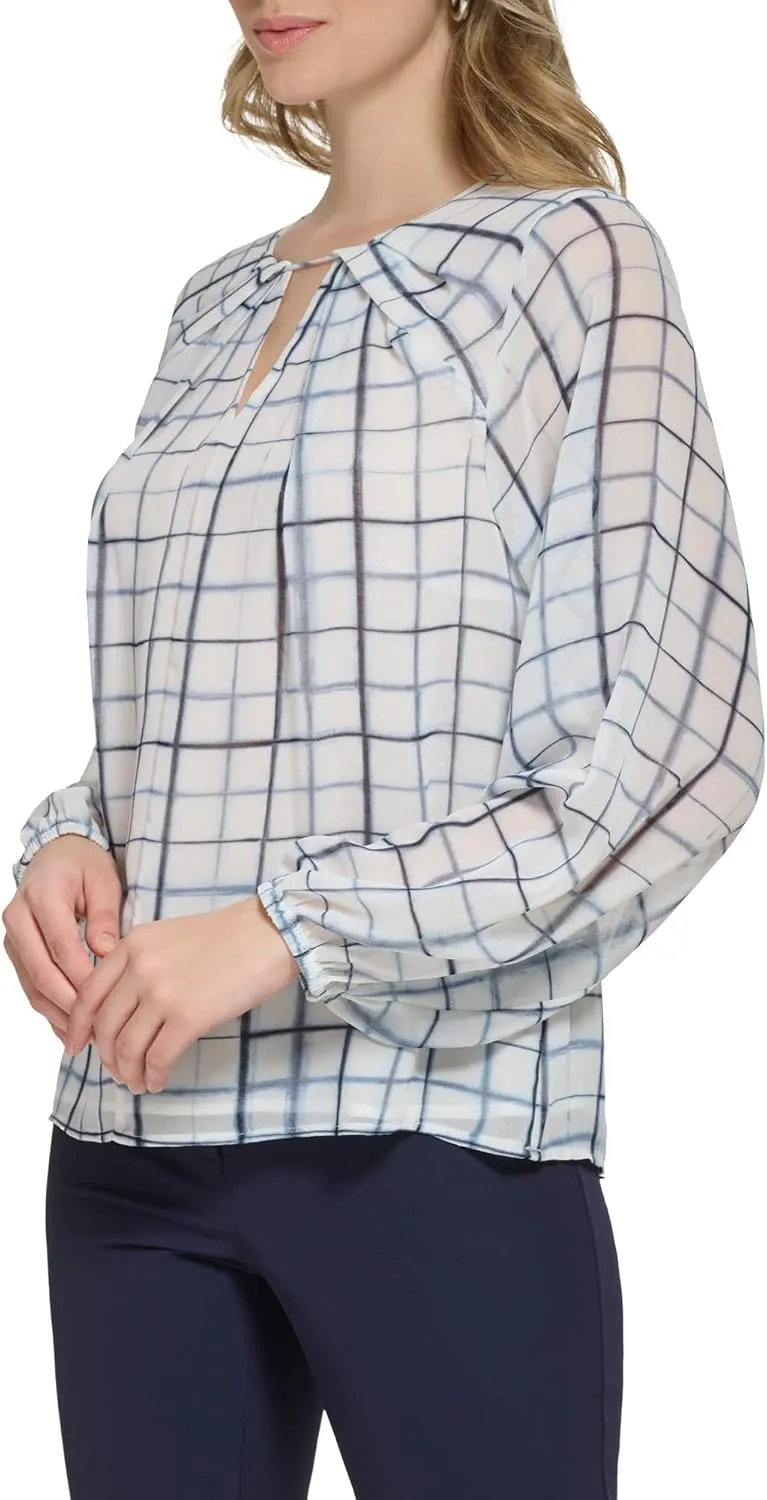 Calvin Klein Women's Essential Shirred Front Longsleeve Printed Blouse
