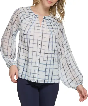 Calvin Klein Women's Essential Shirred Front Longsleeve Printed Blouse