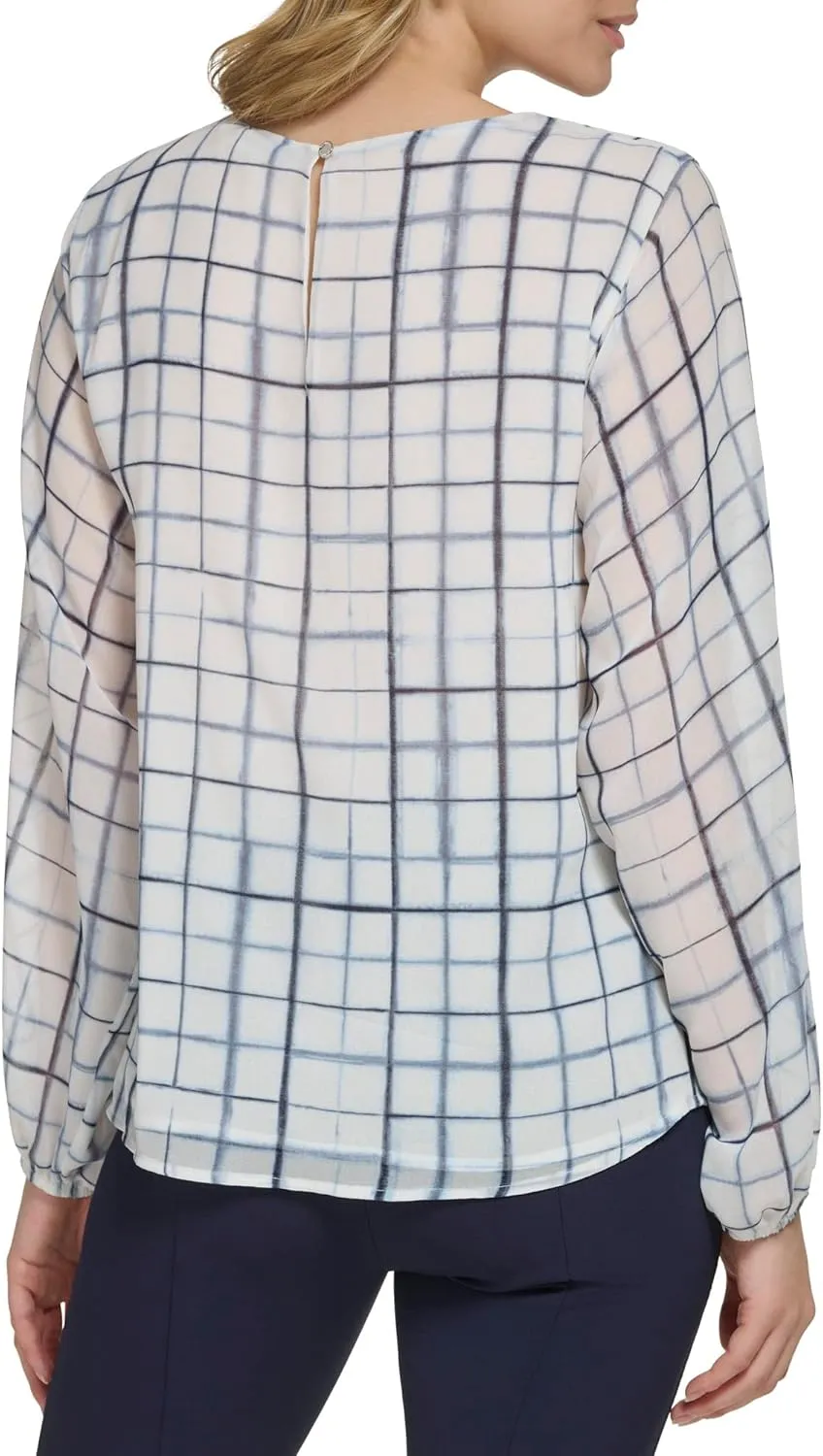 Calvin Klein Women's Essential Shirred Front Longsleeve Printed Blouse