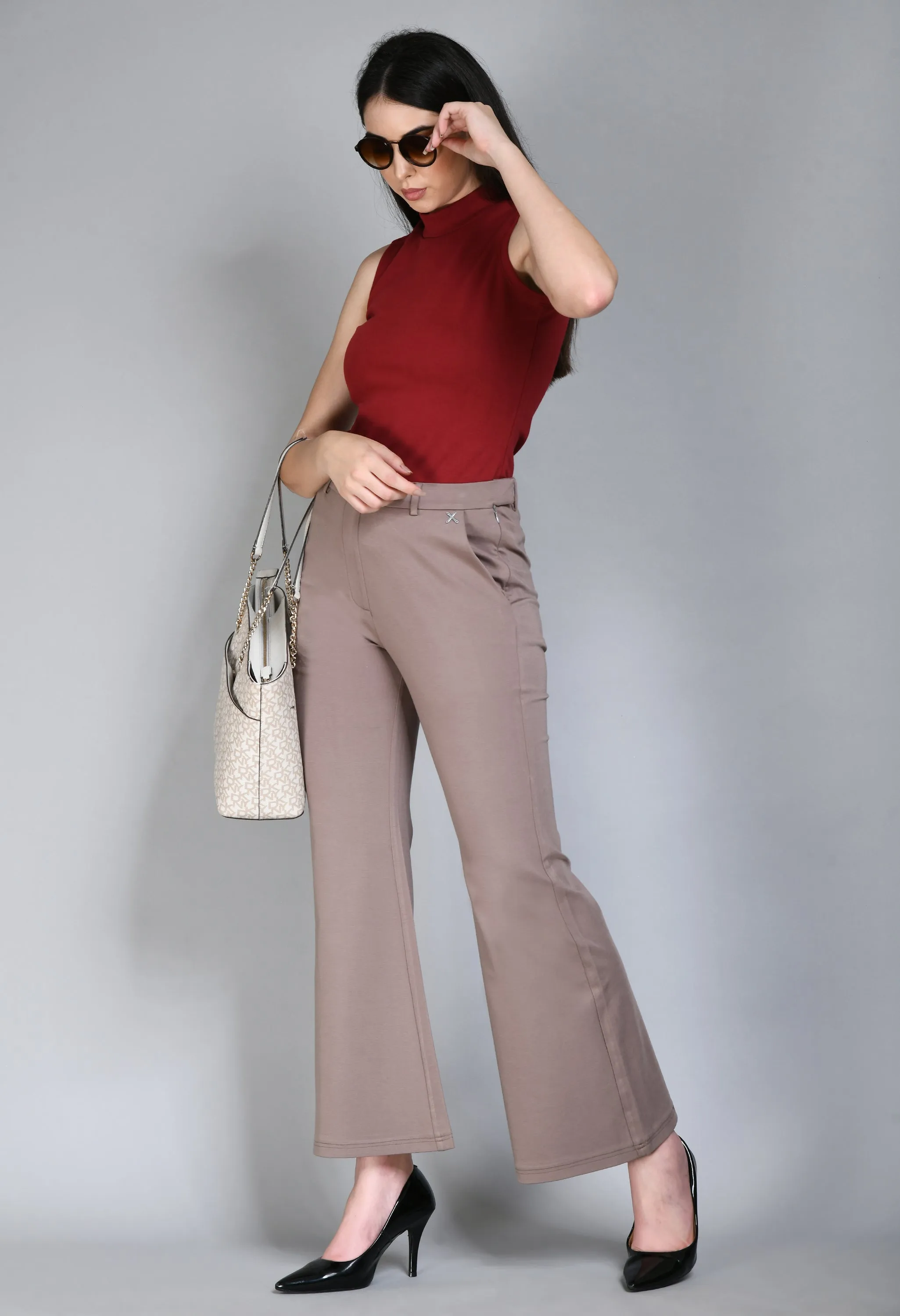 Camel Beige Cotton Blend Solid Stretch Bootcut Trouser Only