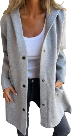 Casual Single Breasted Hooded Jacket for Women,Pocket Drop Shoulder Lapel Button Overcoat,Fall Solid Long Trench Coat