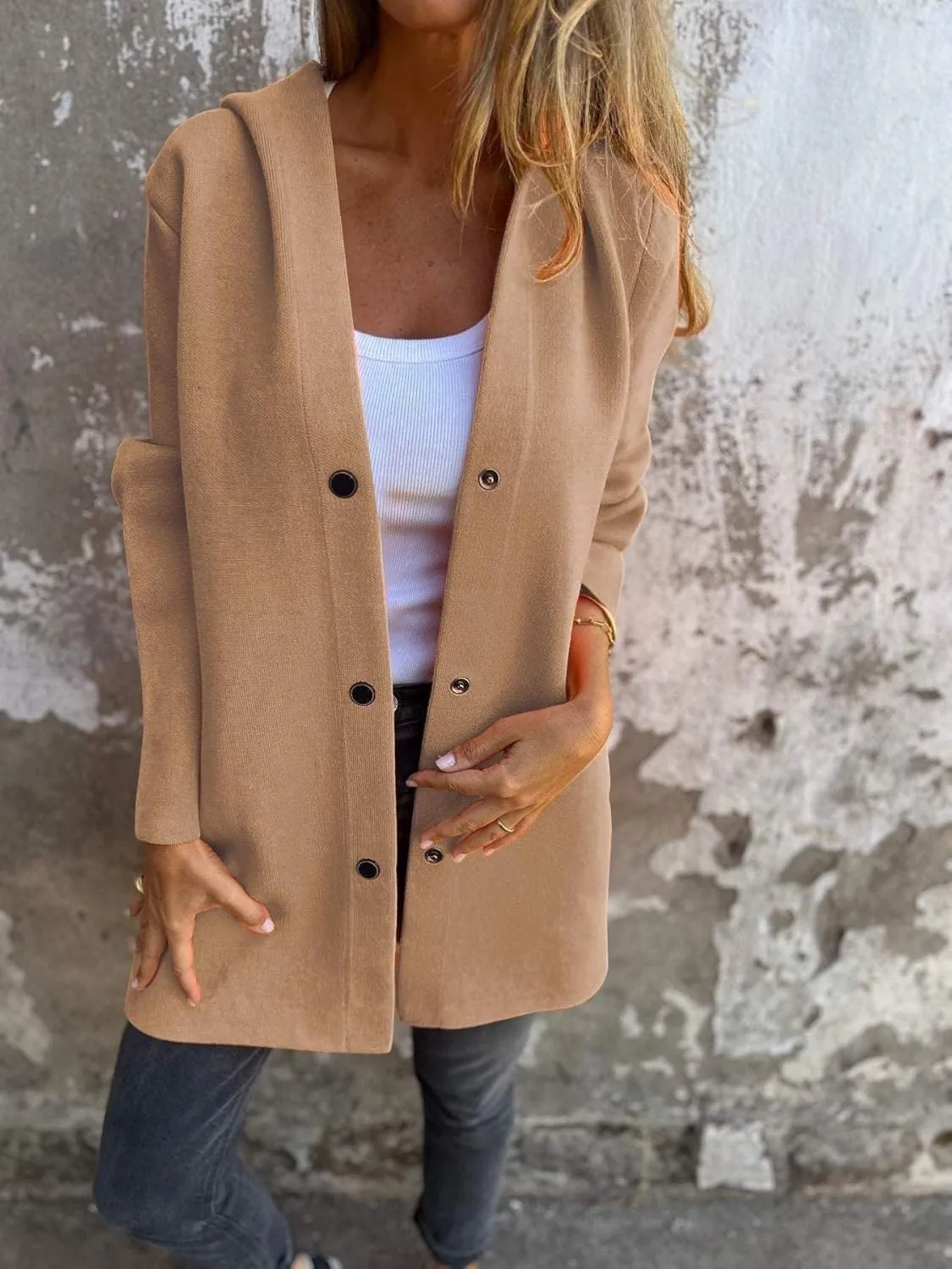 Casual Single Breasted Hooded Jacket for Women,Pocket Drop Shoulder Lapel Button Overcoat,Fall Solid Long Trench Coat