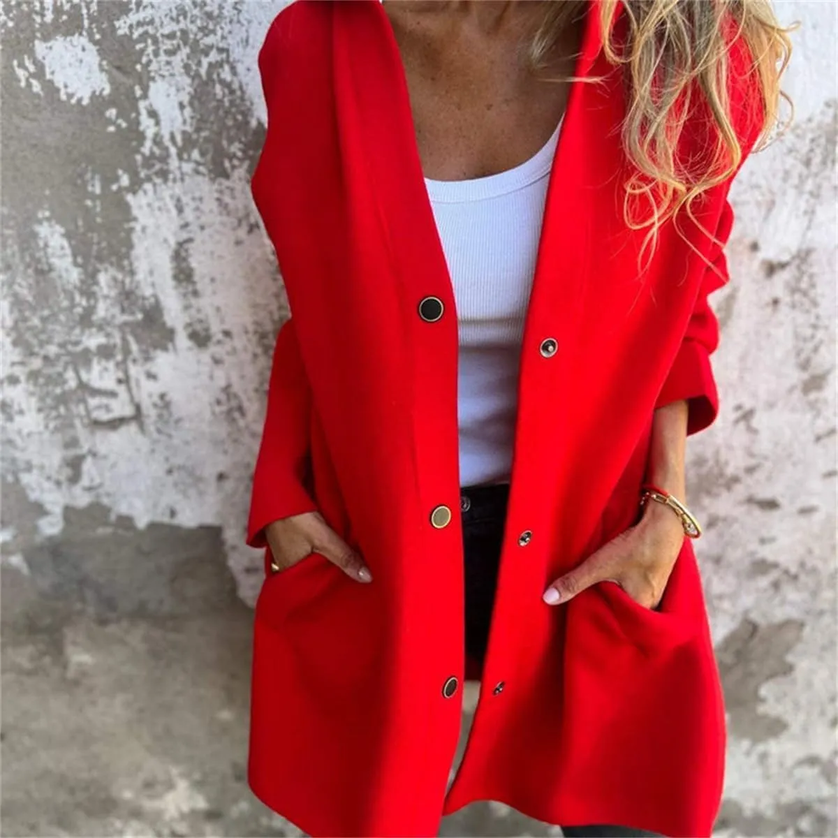 Casual Single Breasted Hooded Jacket for Women,Pocket Drop Shoulder Lapel Button Overcoat,Fall Solid Long Trench Coat