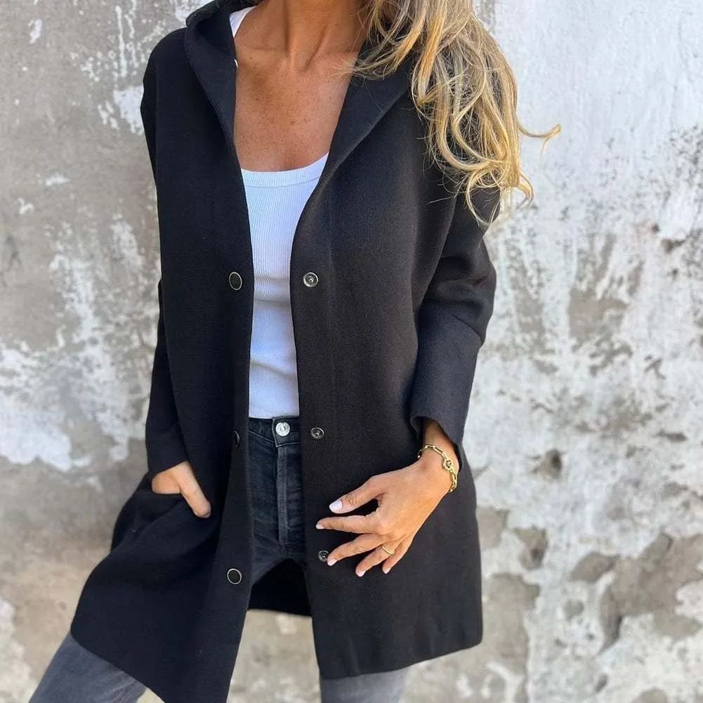 Casual Single Breasted Hooded Jacket for Women,Pocket Drop Shoulder Lapel Button Overcoat,Fall Solid Long Trench Coat