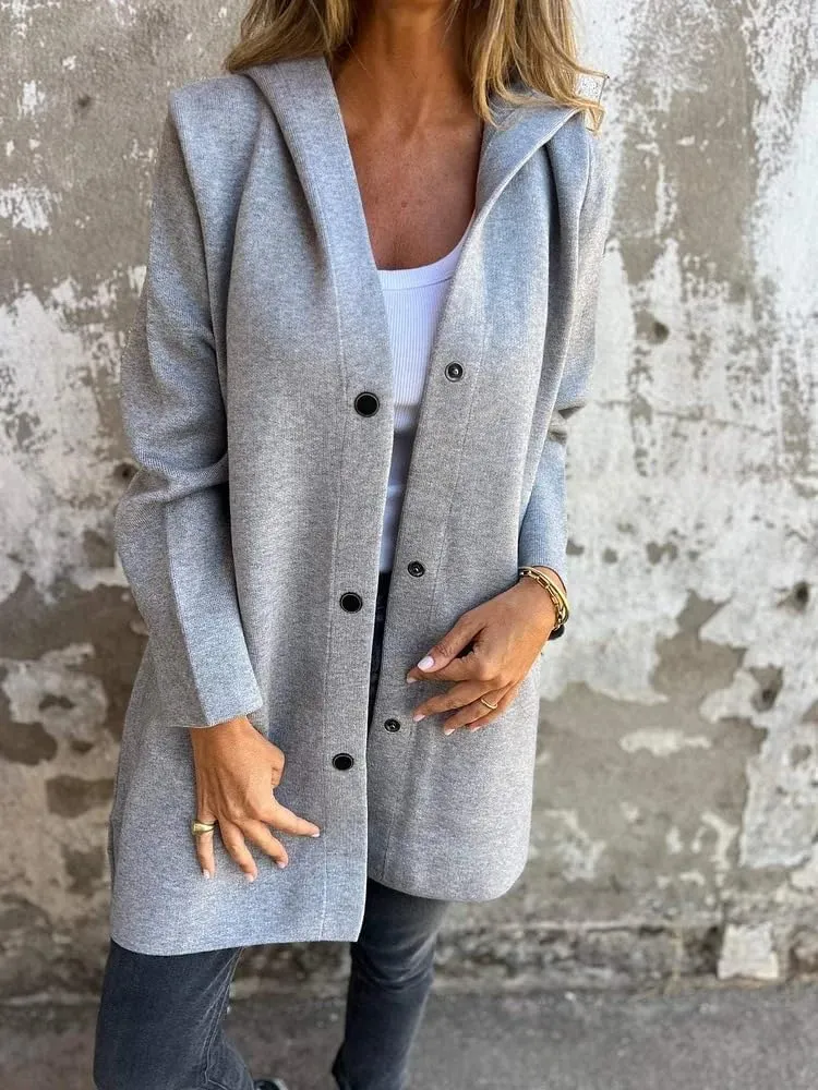 Casual Single Breasted Hooded Jacket for Women,Pocket Drop Shoulder Lapel Button Overcoat,Fall Solid Long Trench Coat