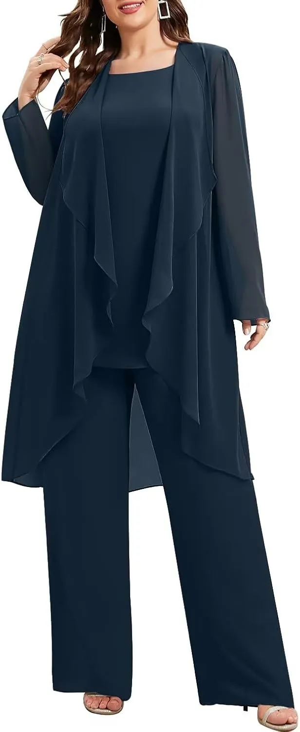 Chiffon Mother of The Bride Pant Suits Plus Size Women Wedding Formal Outfit Set Evening Gown