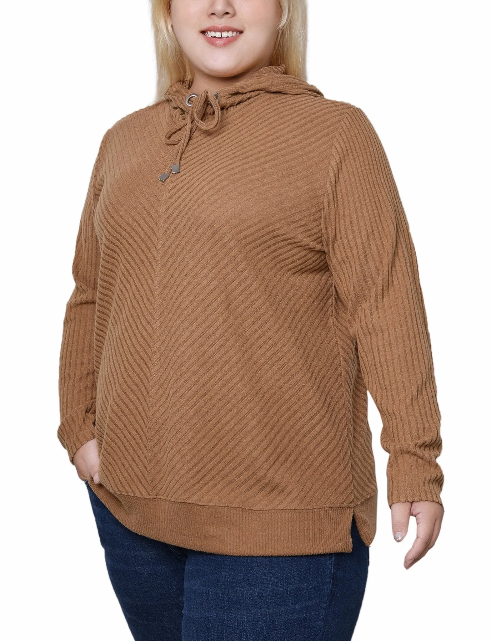 Cinnamon Ribbed Long Sleeve Hoodie - Plus