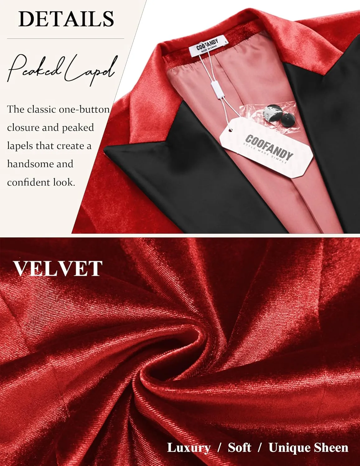 COOFANDY Mens Wedding Tuxedo Jacket Slim Fit Velvet Blazer One Button Suit Jacket for Prom Dinner Party