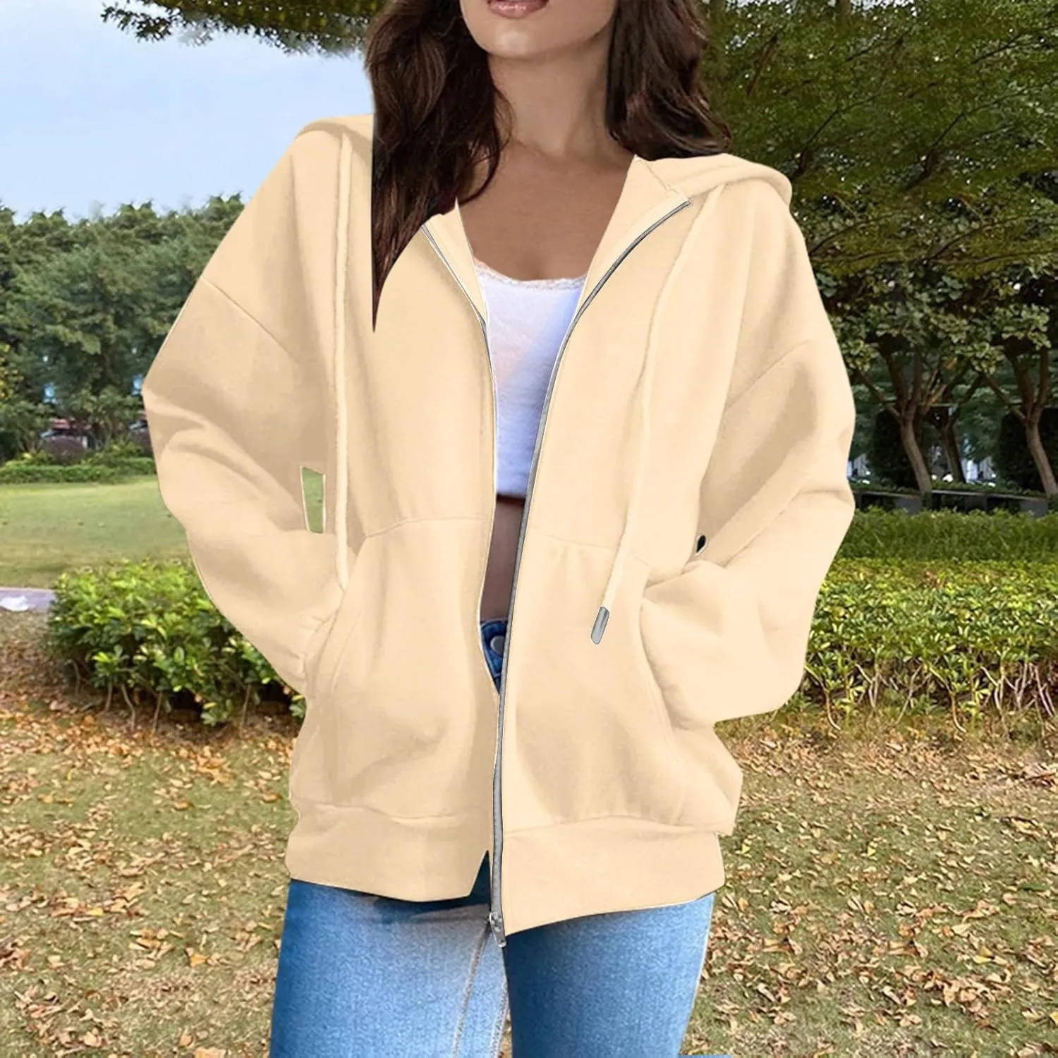COTECRAM Women Zip Up Y2K Hoodie Fall Oversized Sweatshirts Casual Long Sleeve Drawstring Hooded Jacket 2024 Clothes