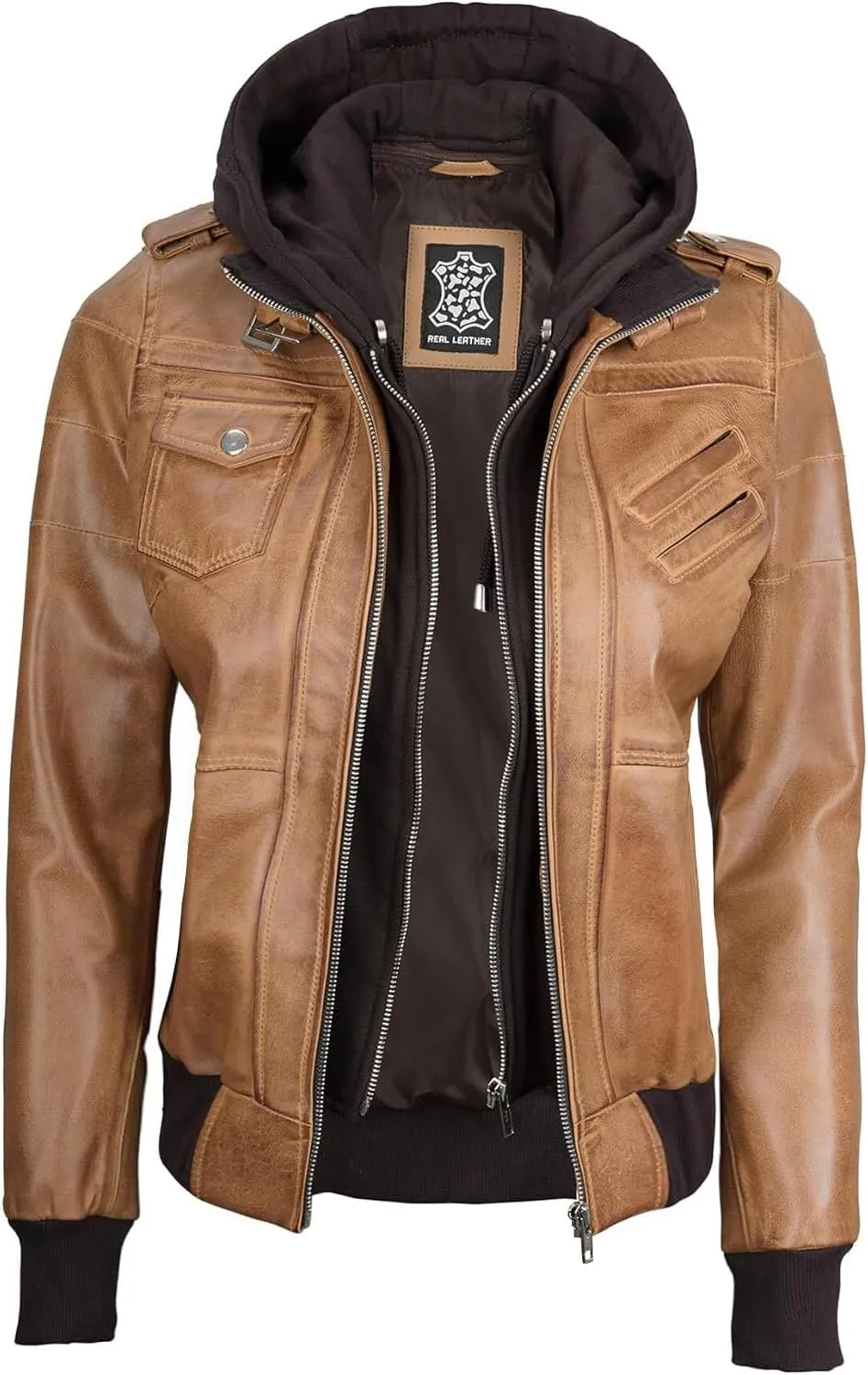 Decrum Leather Jacket Women - Casual Real Lambskin Leather Bomber Jacket Women with Detachable Hood