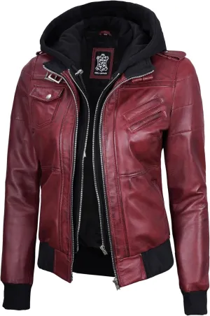Decrum Leather Jacket Women - Casual Real Lambskin Leather Bomber Jacket Women with Detachable Hood