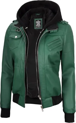 Decrum Leather Jacket Women - Casual Real Lambskin Leather Bomber Jacket Women with Detachable Hood