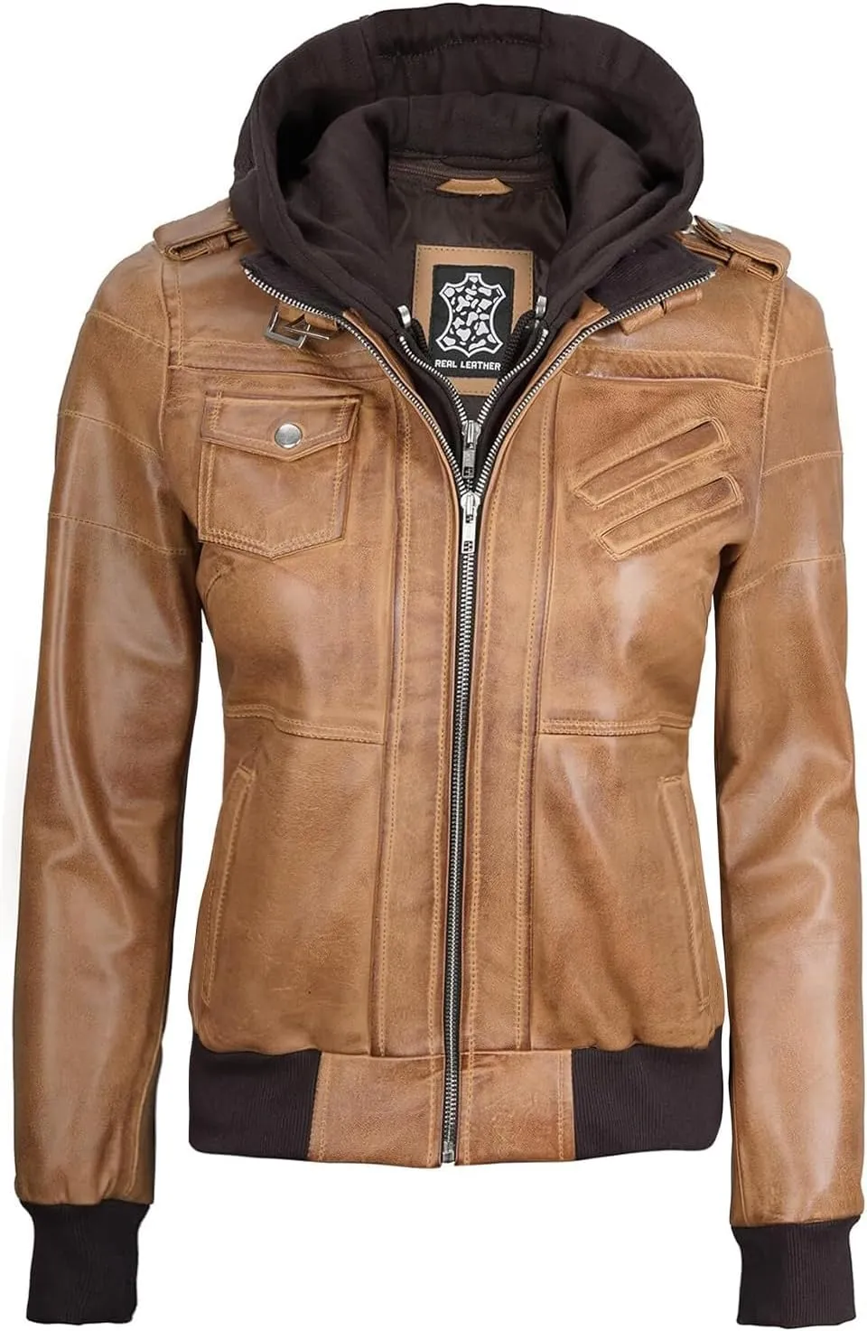 Decrum Leather Jacket Women - Casual Real Lambskin Leather Bomber Jacket Women with Detachable Hood