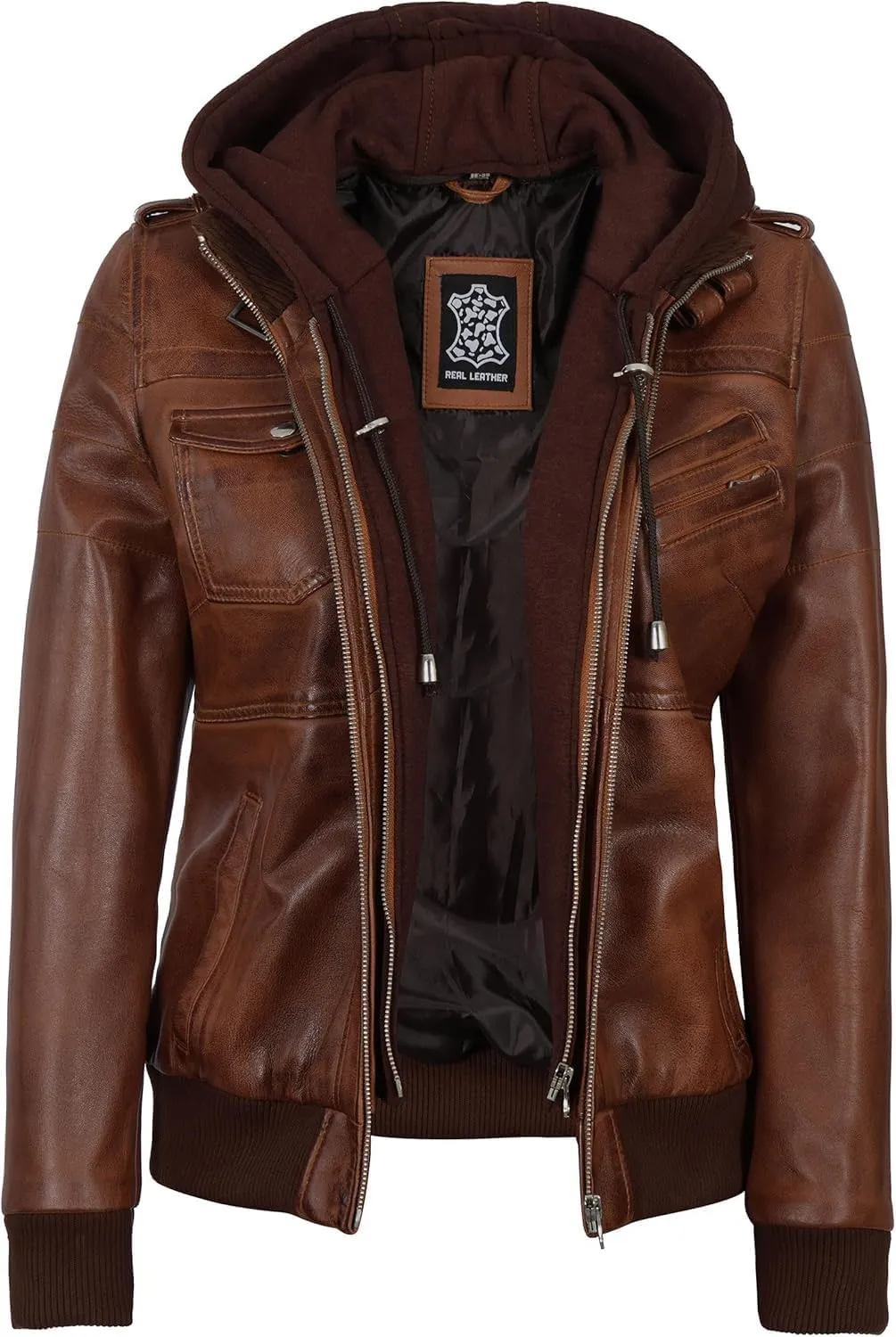 Decrum Leather Jacket Women - Casual Real Lambskin Leather Bomber Jacket Women with Detachable Hood