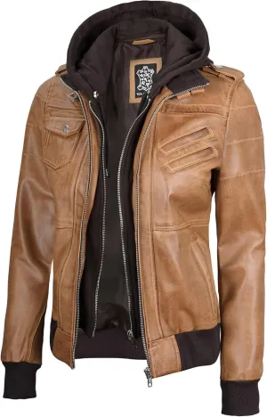 Decrum Leather Jacket Women - Casual Real Lambskin Leather Bomber Jacket Women with Detachable Hood