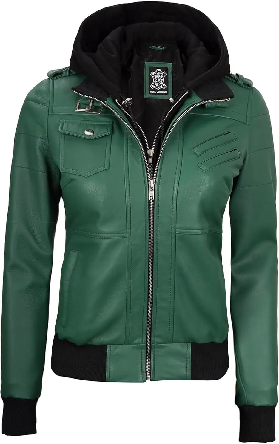 Decrum Leather Jacket Women - Casual Real Lambskin Leather Bomber Jacket Women with Detachable Hood