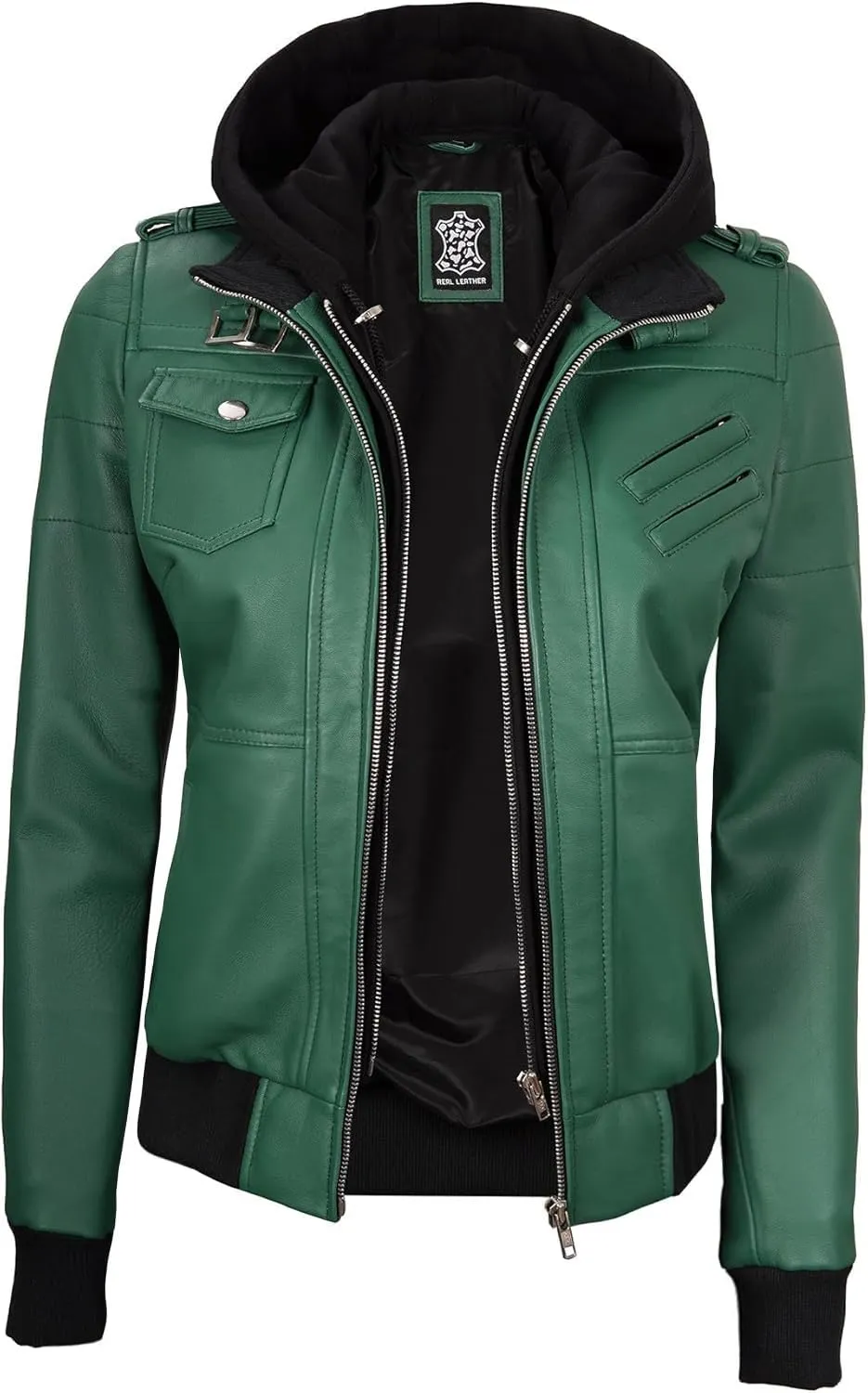Decrum Leather Jacket Women - Casual Real Lambskin Leather Bomber Jacket Women with Detachable Hood